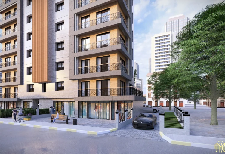 Modern konut projesi dükkan üstü bina girişi ve cephe detayları