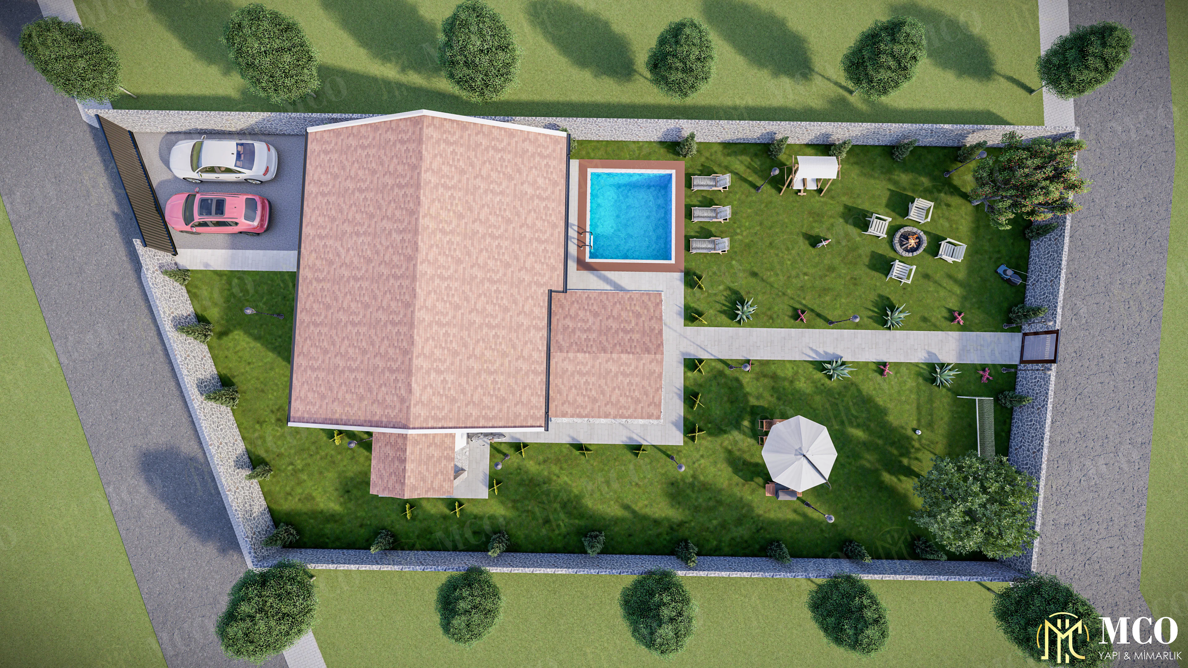 Eski Foça taş ev ve villa projesi mimari vaziyet planı ve peyzaj tasarımı