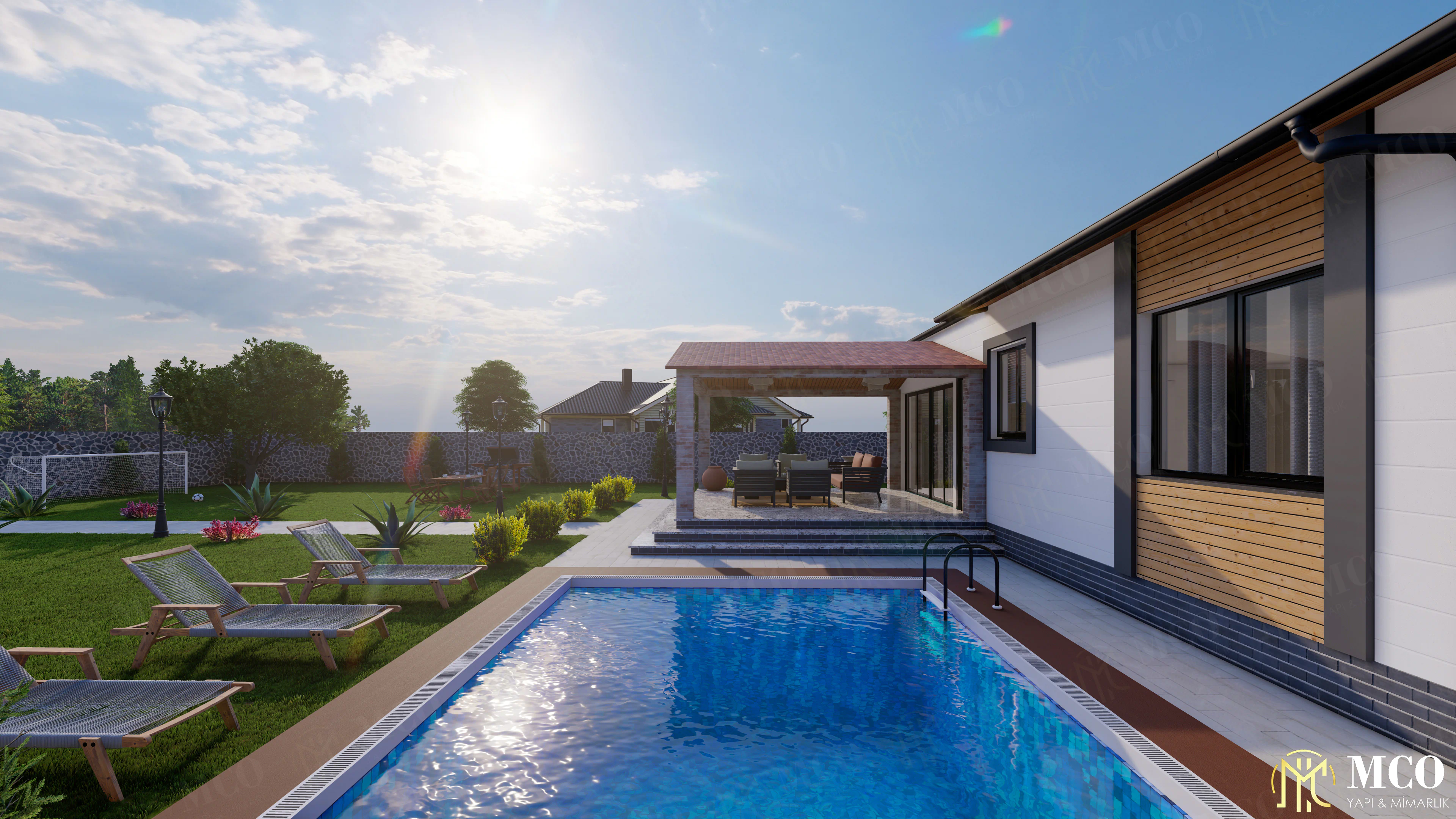 Foça mimarlık ofisi onaylı tek katlı havuzlu villa projesi çizimi
