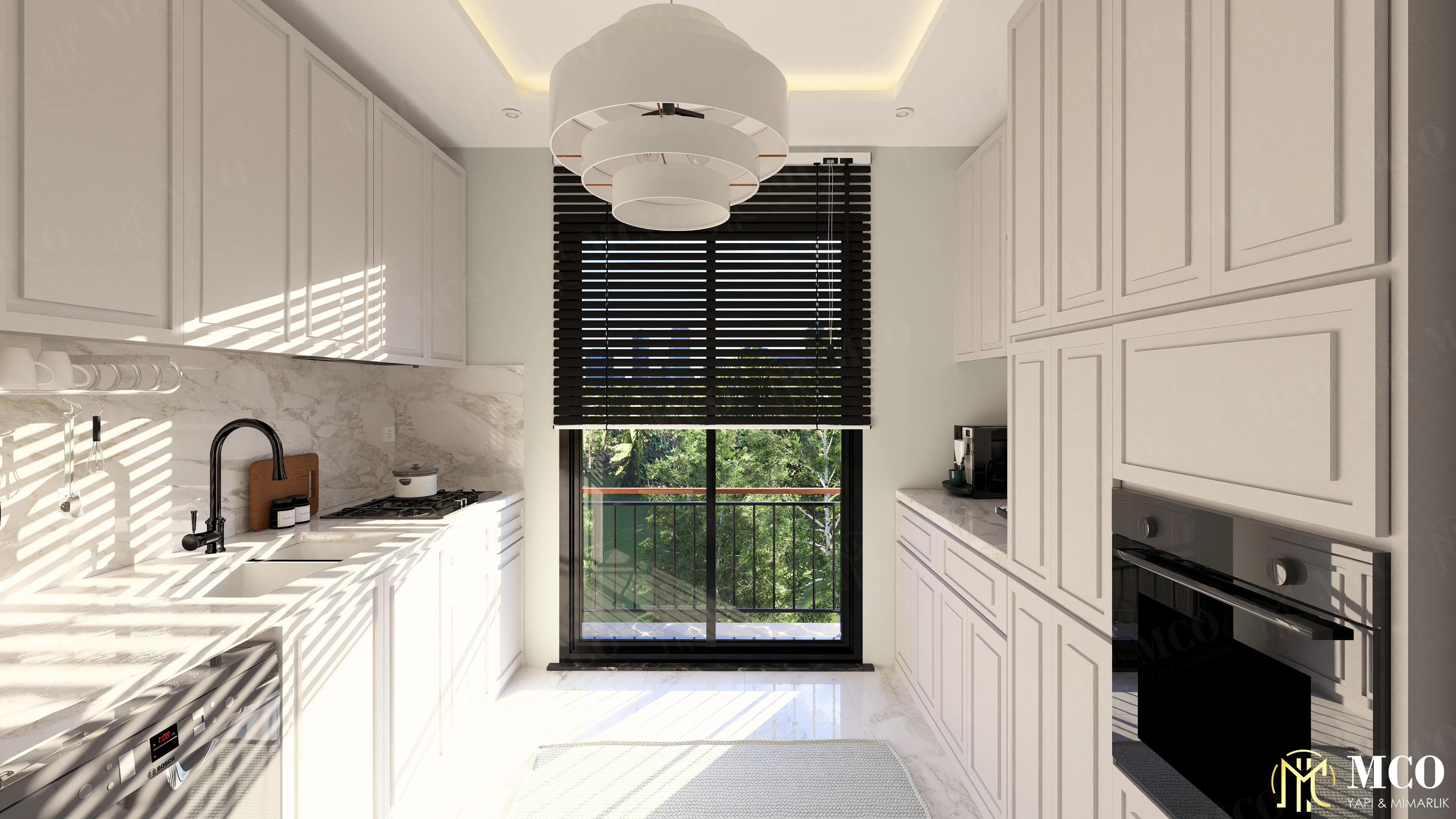 Karşıyaka Bostanlı apartman projesi modern mutfak 3D görselleştirme çalışması