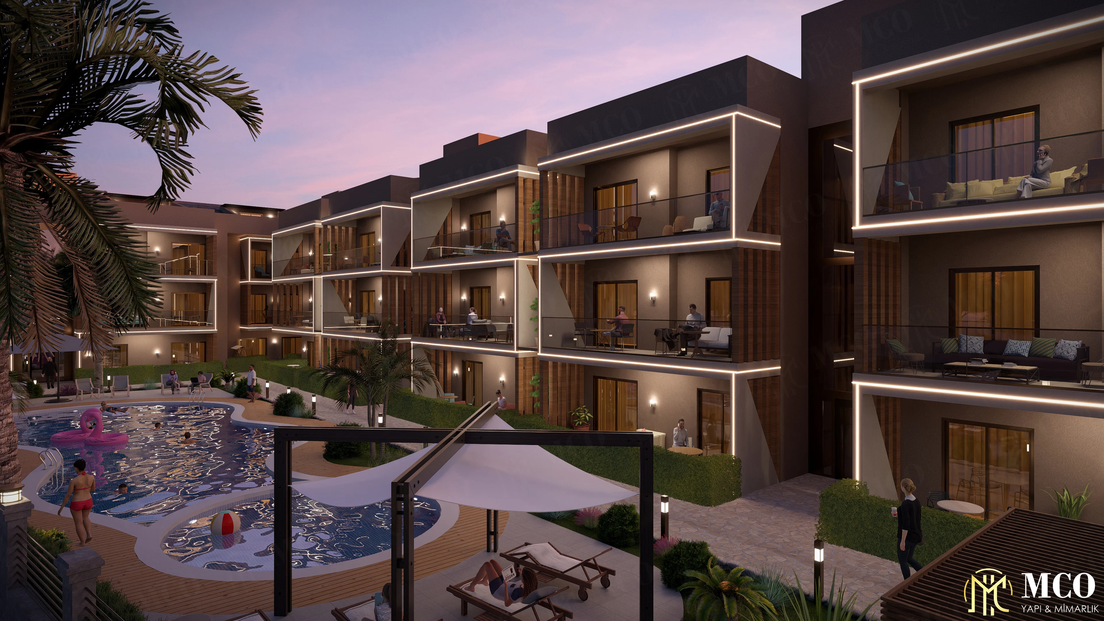 Kaymakçı mimarlık ofisi konseptiyle MCO Yapı tarafından Ödemiş'te tasarlanan lüks konut ve havuzlu site 3D peyzaj render projesi