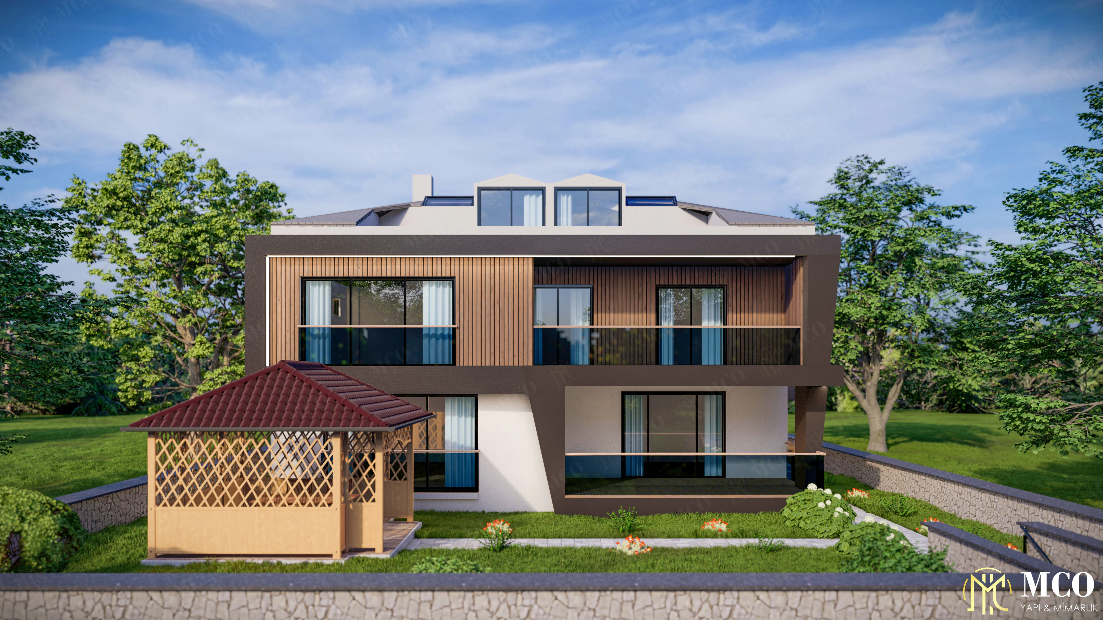 MCO Yapı & Mimarlık tarafından Kınık Poyracık bölgesinde tasarlanan müstakil ev 3D dış cephe render ve ruhsat projesi
