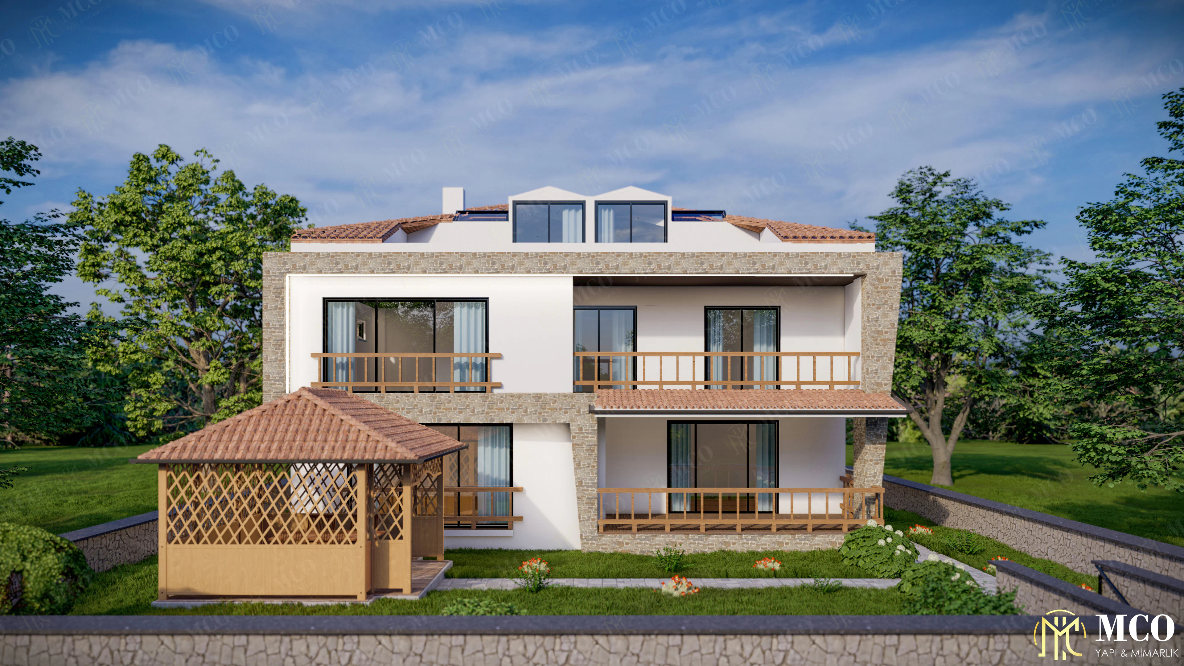 MCO Yapı & Mimarlık tarafından Kiraz İstiklal mahallesinde tasarlanan lüks müstakil villa 3D dış cephe render ve yapı ruhsatı projesi