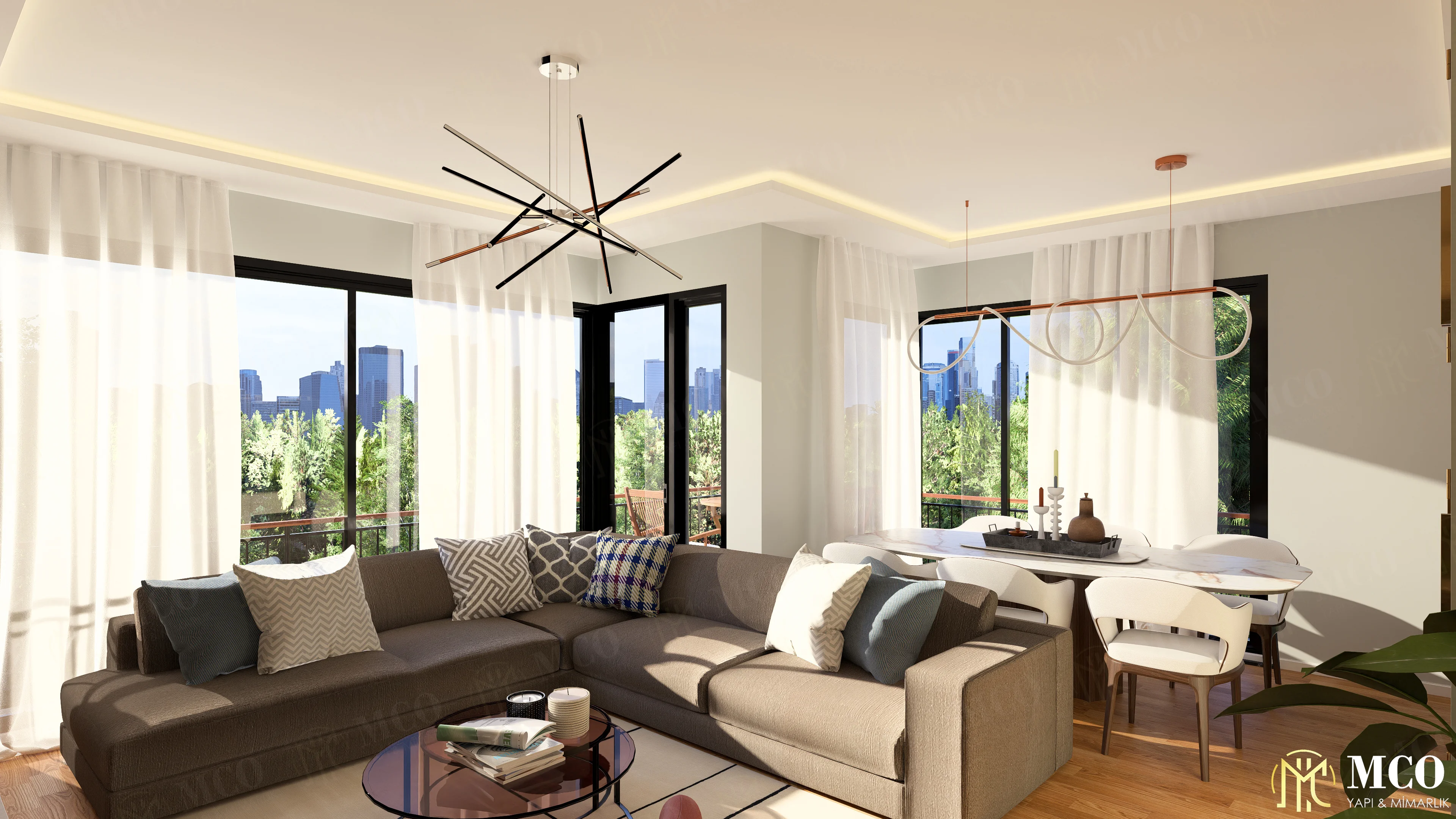 Narlıdere rölöve çizimi ve anahtar teslim lüks ev tadilatı kapsamında MCO Yapı tarafından uygulanan modern salon ve iç mekan tasarımı