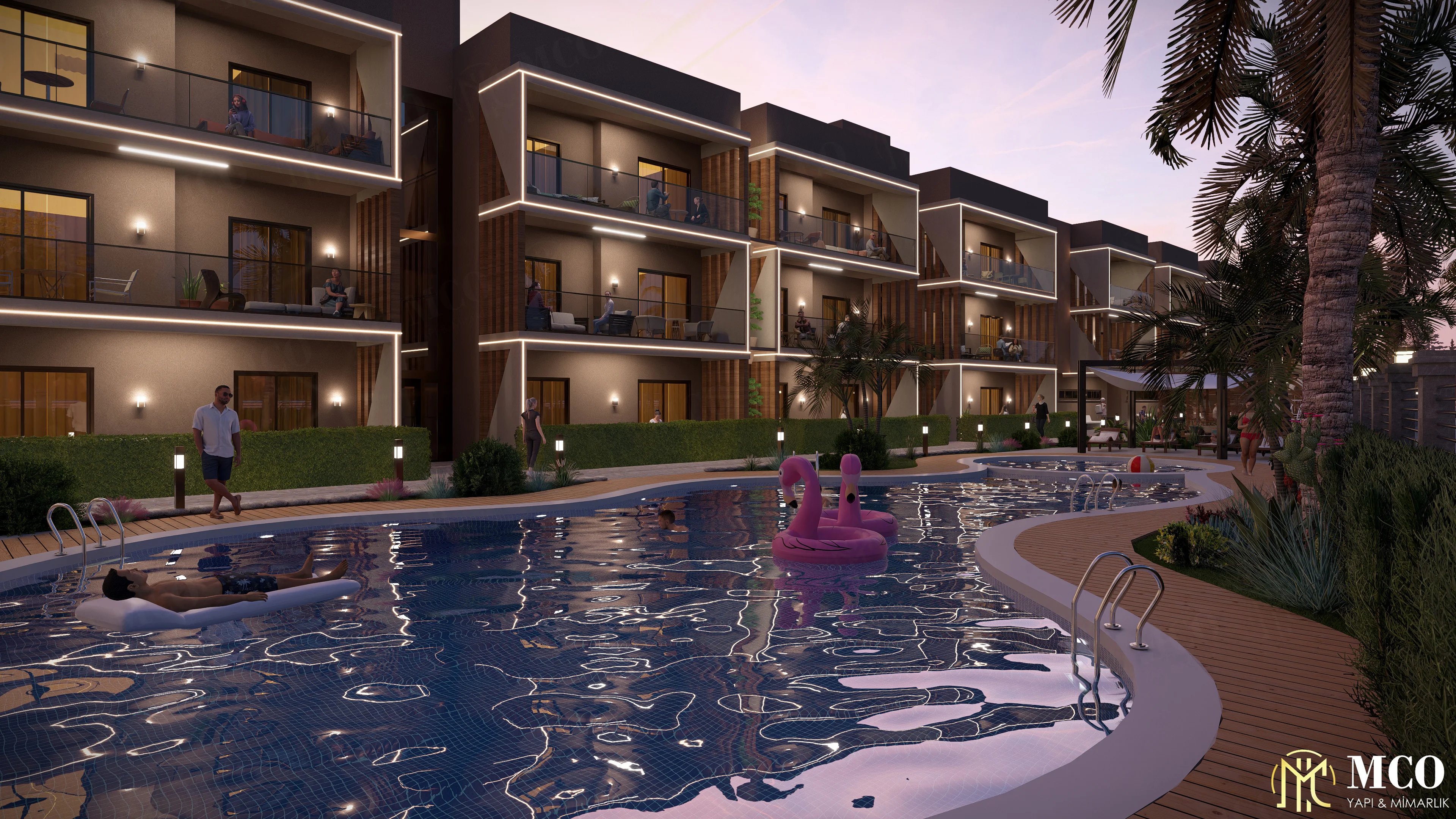 Seferihisar Akarca sahil bandında MCO Yapı tarafından tasarlanan lüks villa ve havuzlu site gece 3D görselleştirme render projesi