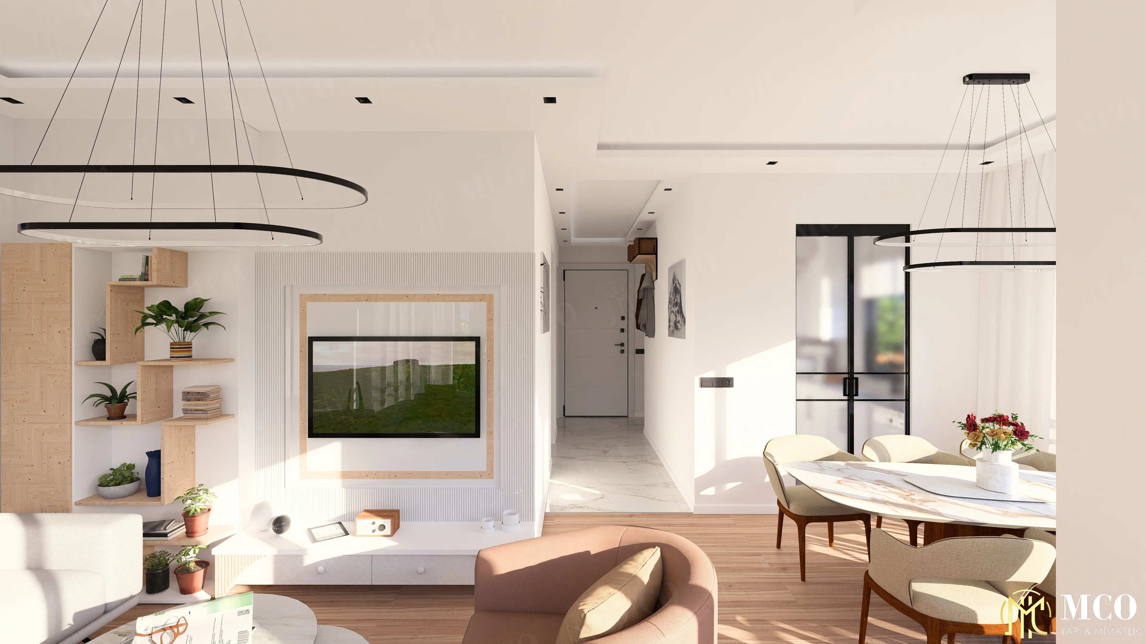 Seferihisar bölgesinde MCO Yapı tarafından uygulanan anahtar teslim yazlık ev tadilatı ve açık plan salon iç mekan dekorasyon projesi