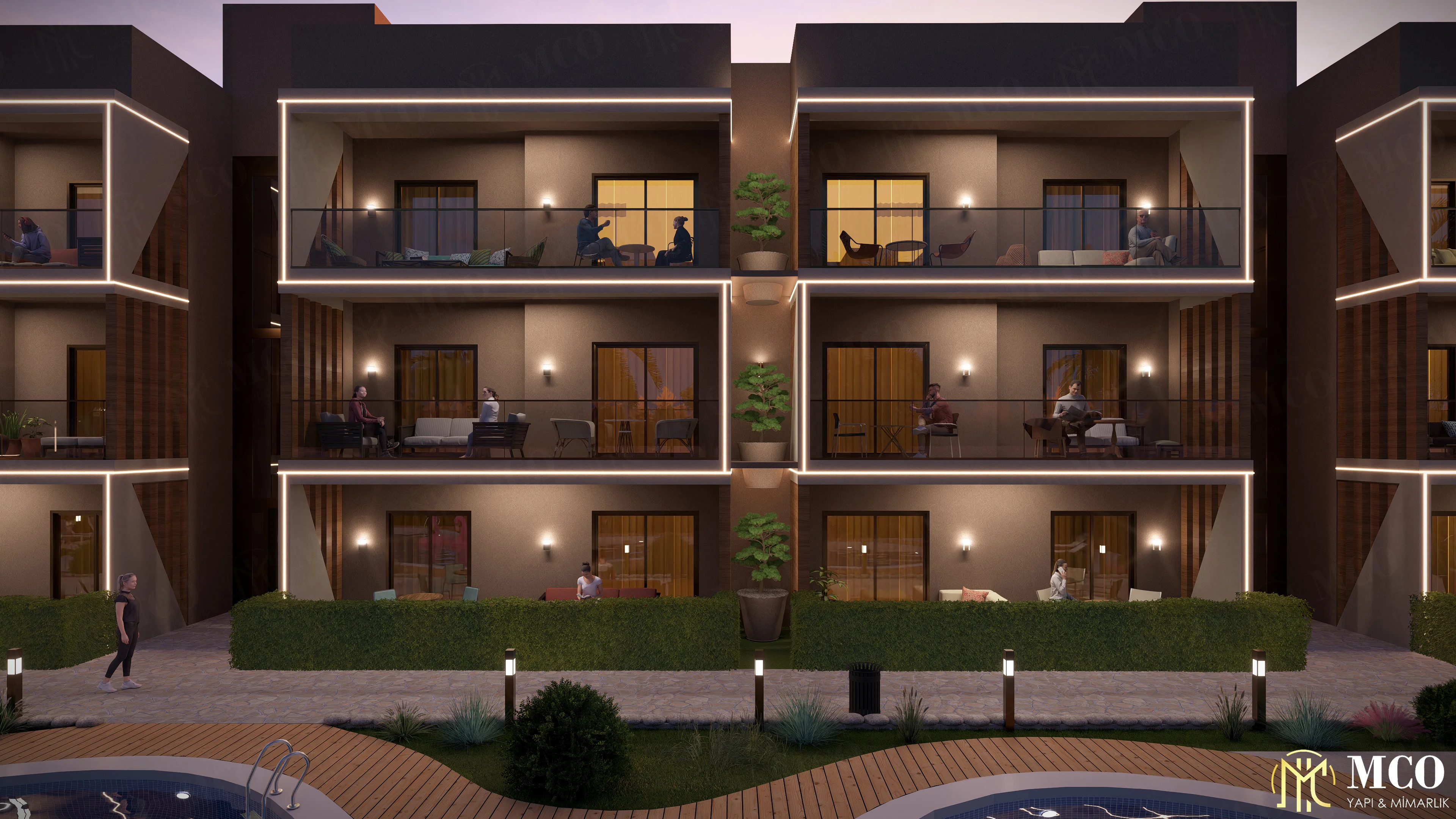 Selçuk mimarlık ofisi Pamucak sahil konut ve site gece render tasarımı