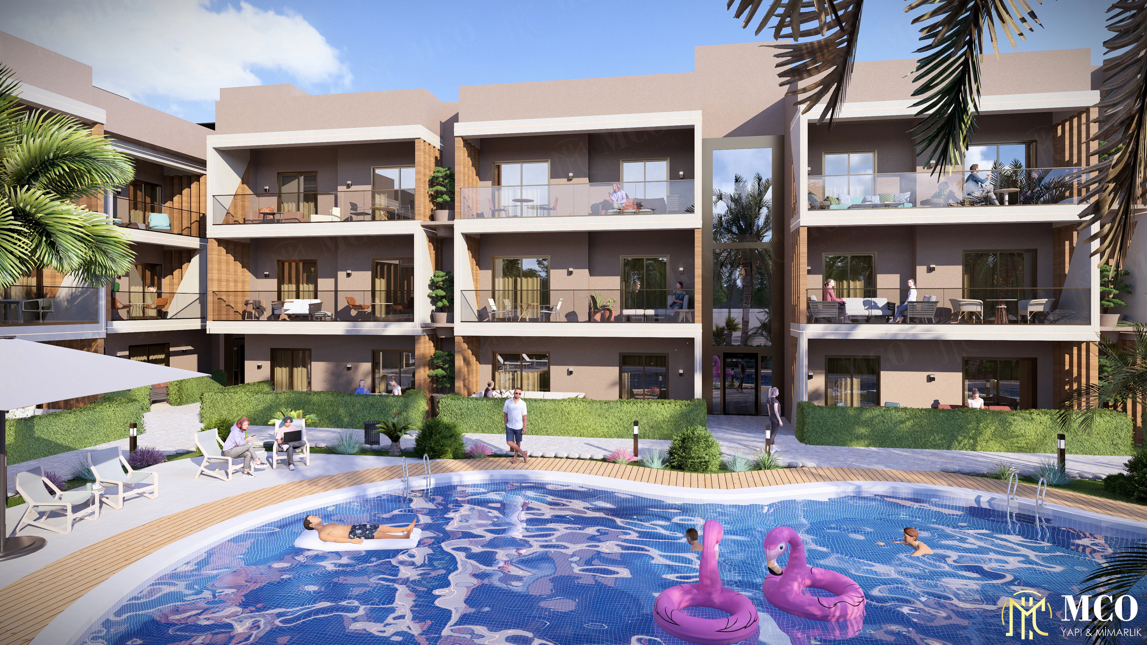 Çeşmealtı bölgesinde MCO Yapı imzasıyla hayata geçirilen lüks yazlık villa açık havuz ve peyzaj mimari 3D görselleştirme projesi