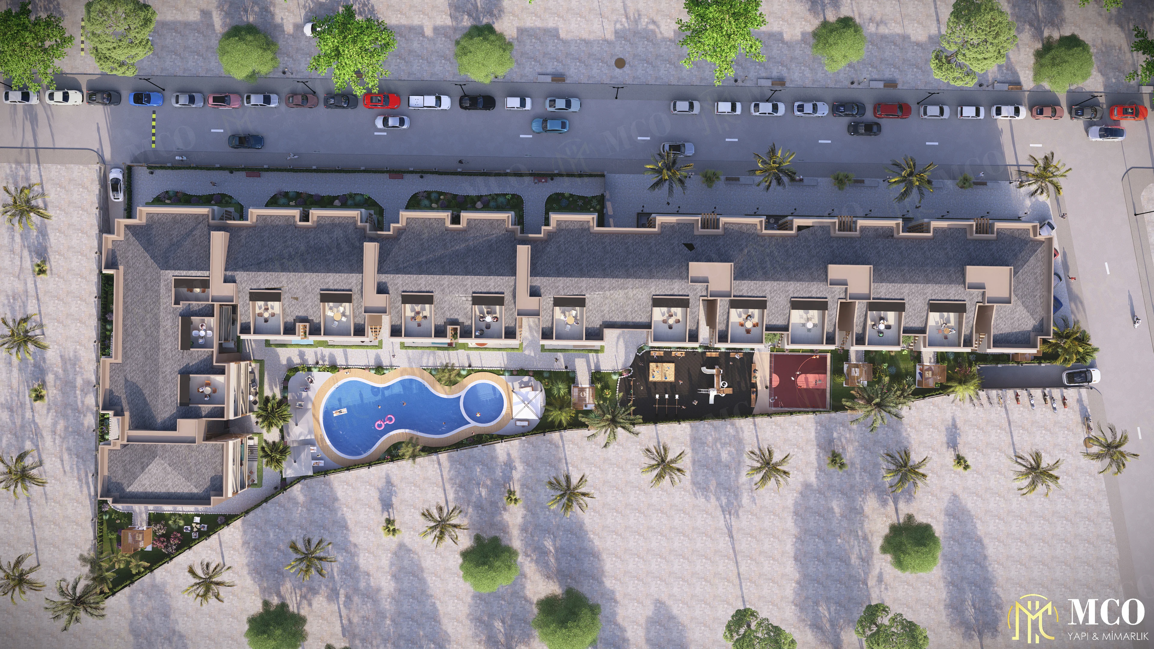 Urla Mimarlık Ofisi MCO Yapı tarafından Kekliktepe bölgesinde tasarlanan lüks villa projesi genel vaziyet ve havuz yerleşim 3D render